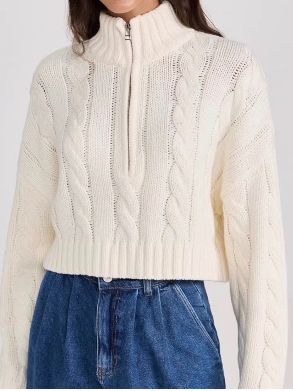 STAUD Women’s Ivory Cable-Knit 1/4 Zip Mock Neck Pullover Sweater M - Picture 2 of 11